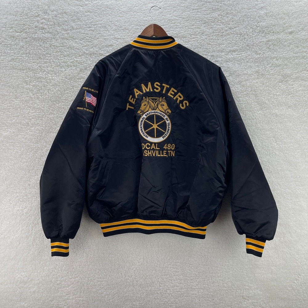 VTG Teamsters Satin Bomber Jacket Mens 2XL Black Yellow Nashville TN 480 Union